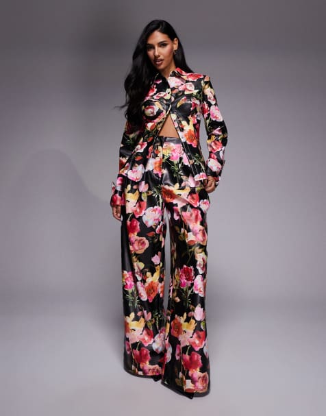 ASOS LUXE cinched PU shirt and pleated wide leg pants setin floral print - view 1