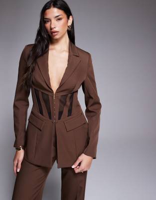 Asos Luxe Cinched Waist Blazer With Contrast Panelling In Brown