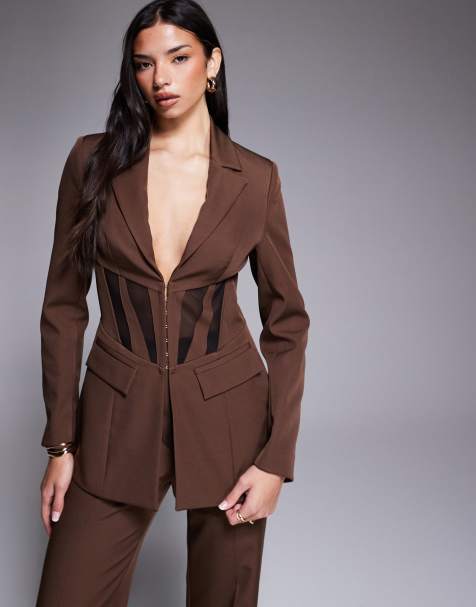 ASOS LUXE cinched waist blazer with contrast panelling in brown - part of a set - view 1