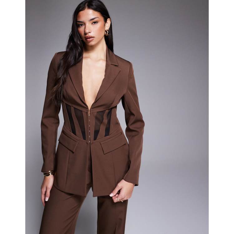 ASOS LUXE cinched waist blazer with contrast panelling in brown 
