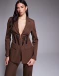 [ASOS LUXE] ASOS LUXE cinched waist blazer with contrast panelling in brown (Part of a set) 8 BROWN