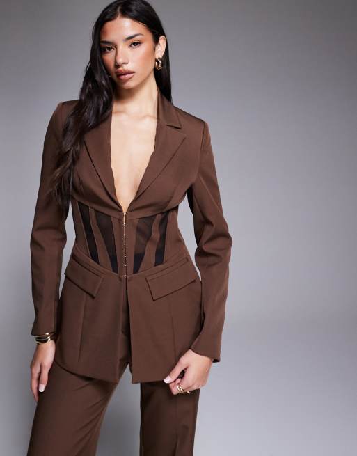 ASOS LUXE cinched waist blazer with contrast panelling in brown (Part of a set)