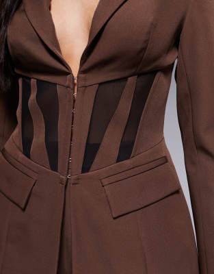 Asos Luxe Cinched Waist Blazer With Contrast Panelling In Brown