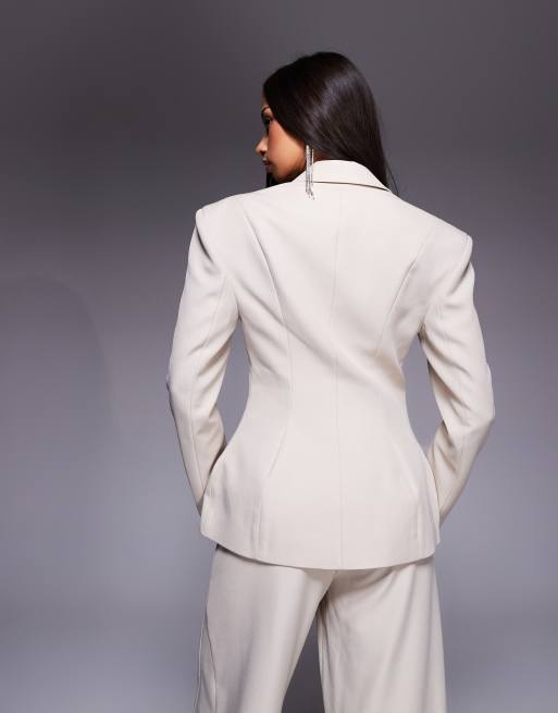 ASOS LUXE cinched waisted tailored blazer with button detail in cream (part of a set), 4 of 4