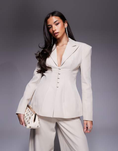 ASOS LUXE cinched waisted tailored blazer with button detailing in cream - part of a set - view 1