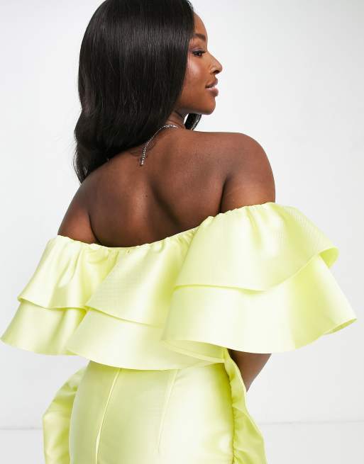 ASOS LUXE – Citrongul crop top av satin i off shoulder-stil, del av set, 2 av 4