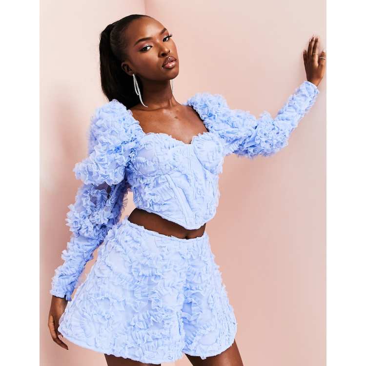 ASOS LUXE co-ord 3D lace corset top with puff sleeves in blue | ASOS