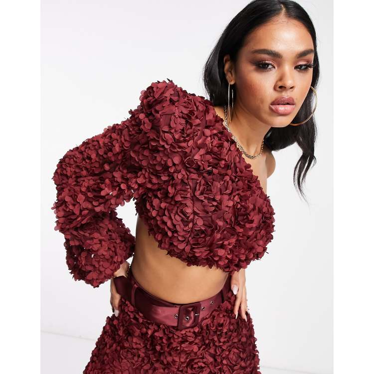 ASOS LUXE co-ord 3D lace one shoulder crop top in wine