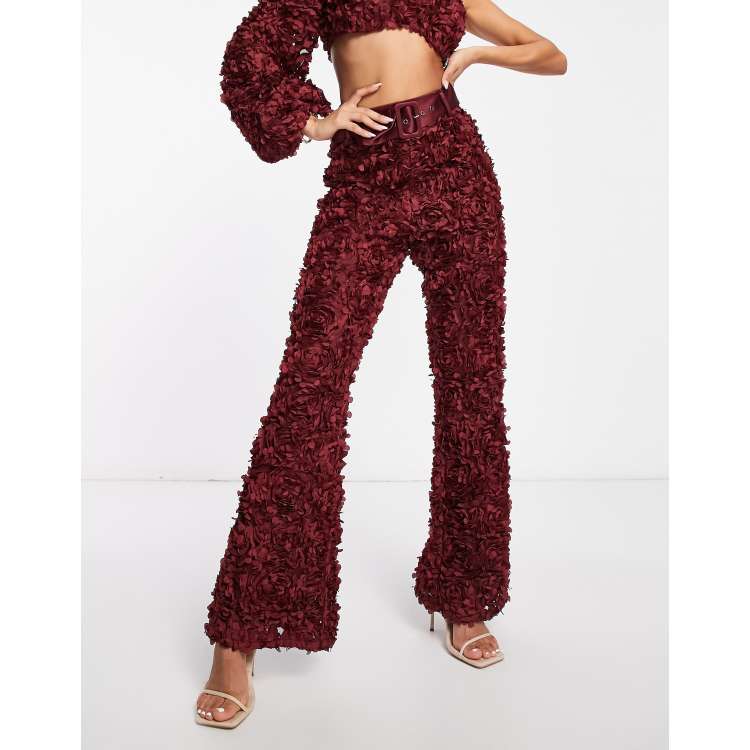 ASOS LUXE co-ord 3D lace trousers with belt in wine | ASOS