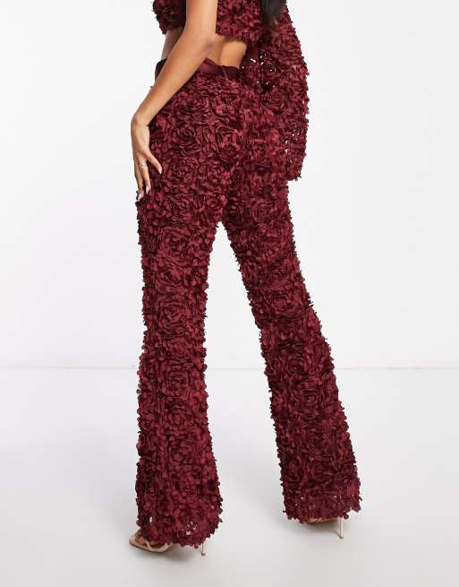 ASOS LUXE co-ord 3D lace trousers with belt in wine | ASOS