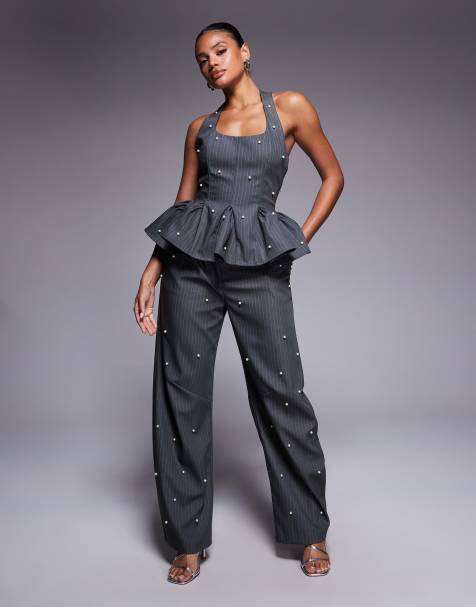 ASOS LUXE co-ord barrel trouser with pearls in grey pinstripe