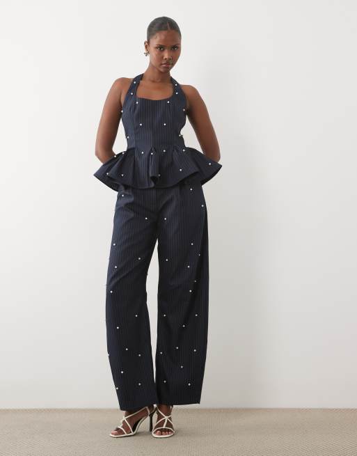 ASOS LUXE co-ord peplum corset top and barrel trouser with pearls in navy pinstripe, 2 of 3