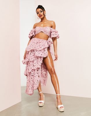 ASOS LUXE co-ord beach 3D floral wrap tiered wired maxi skirt in pink