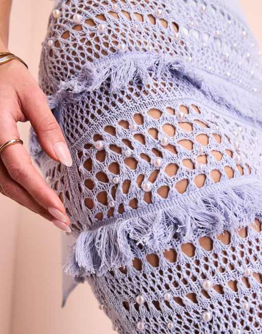 ASOS LUXE co-ord beach crochet maxi skirt with pearl embellishment in blue, 2 of 5