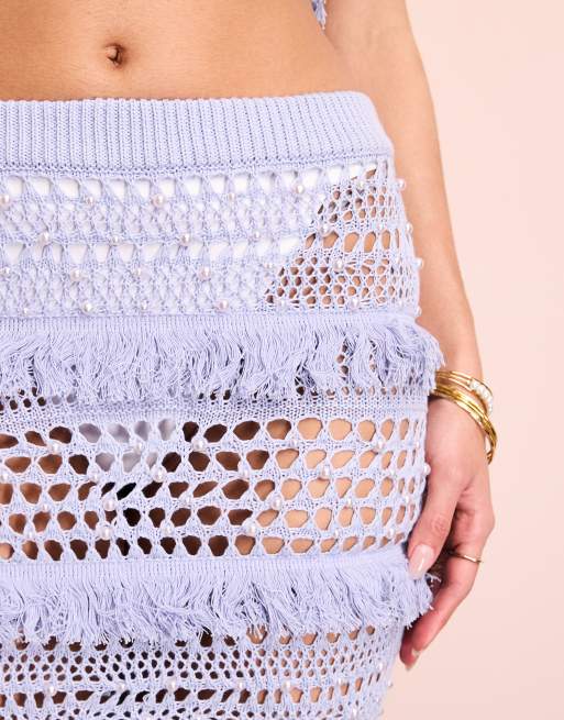 ASOS LUXE co-ord beach crochet maxi skirt with pearl embellishment in blue, 4 of 5