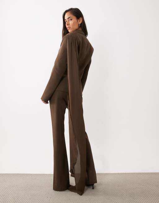 ASOS LUXE co-ord blazer with scarf drape detail and cigarette trouser in chocolate, 2 of 3