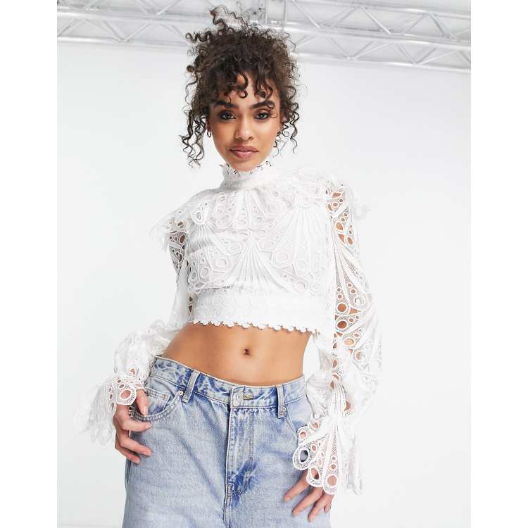 ASOS LUXE co-ord lace long sleeve crop top with puff sleeves in