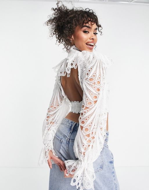 ASOS EDITION broderie ruffle collar top in white