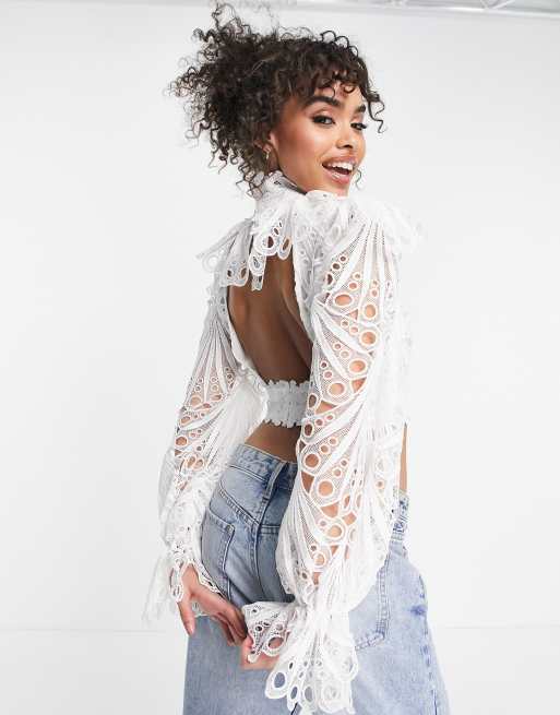 ASOS EDITION broderie ruffle collar top in white