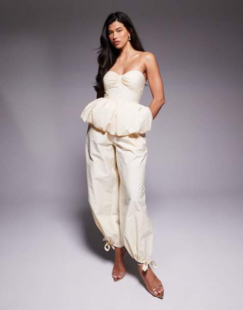 ASOS LUXE co-ord bubble hem corset bandeau top and trousers in buttermilk - view 1