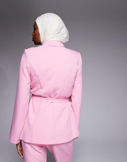 ASOS LUXE co-ord collared button down blazer with belt in pink, 4 of 4