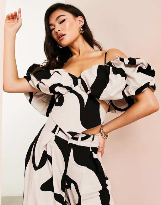 ASOS LUXE co-ord cotton bubble bardot crop top in swirl print