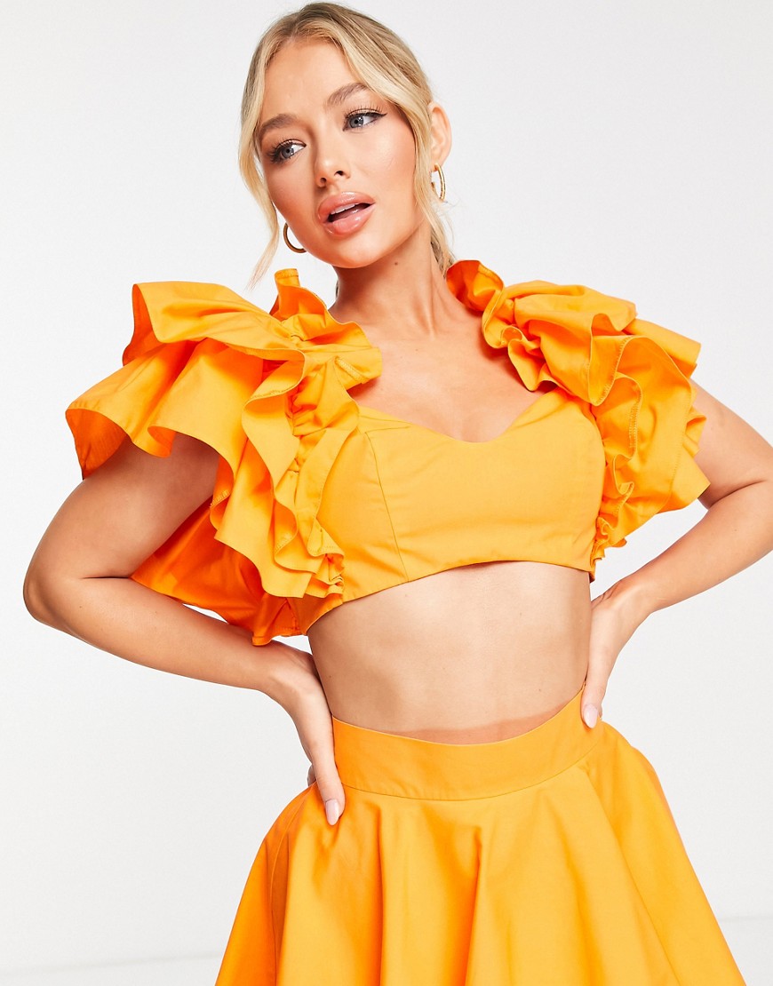ASOS LUXE co-ord cotton ruffle tie back top in orange