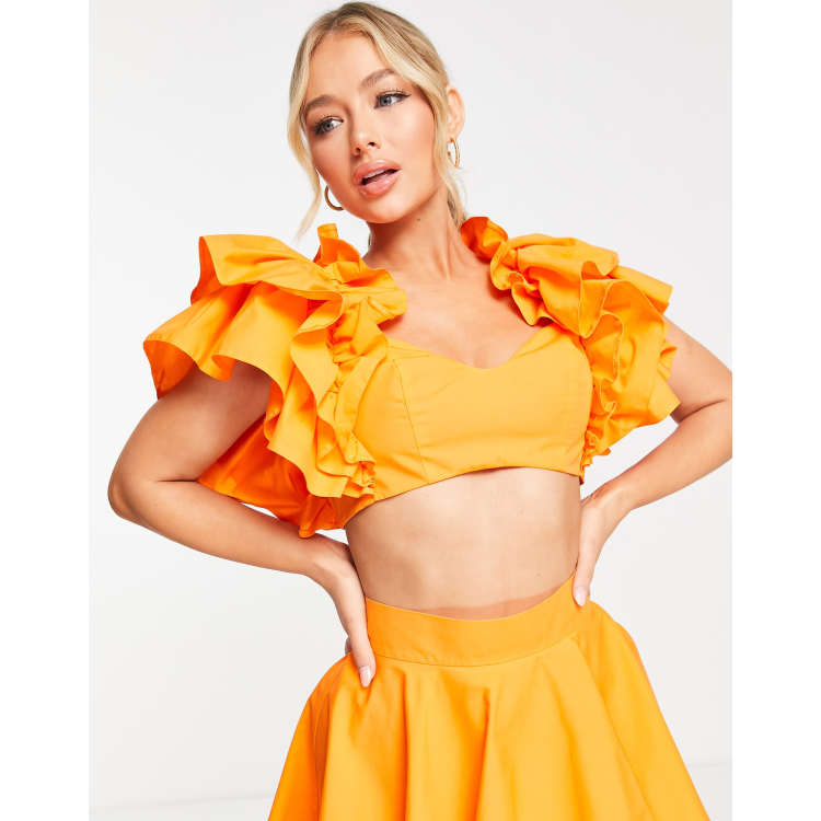 ASOS LUXE co-ord cotton ruffle tie back top in orange