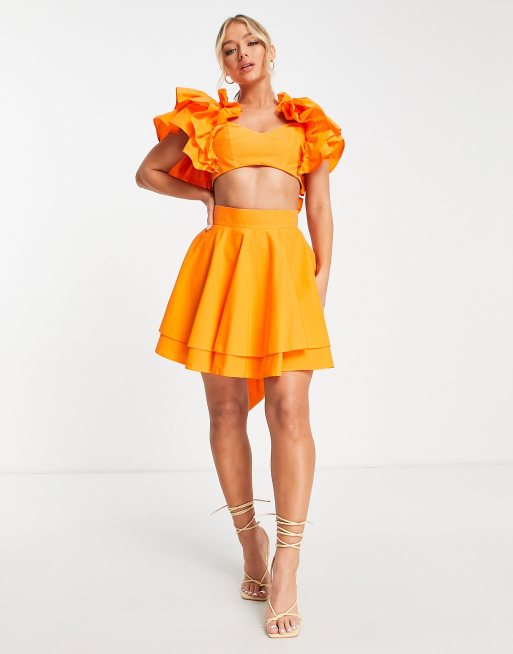 ASOS LUXE co-ord cotton ruffle tie back top in orange