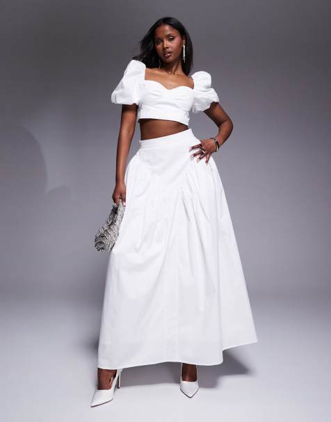 ASOS LUXE co-ord cotton sateen exaggerated maxi skirt with bow back in white
