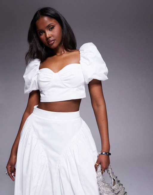 ASOS LUXE co-ord cotton sateen puff sleeve top in white, 2 of 4