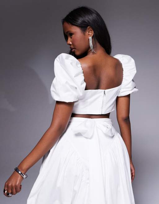 ASOS LUXE co-ord cotton sateen puff sleeve top in white, 4 of 4