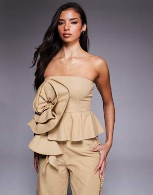 Asos Luxe Co-ord Cotton Twill Bandeau Corsage Top In Brown