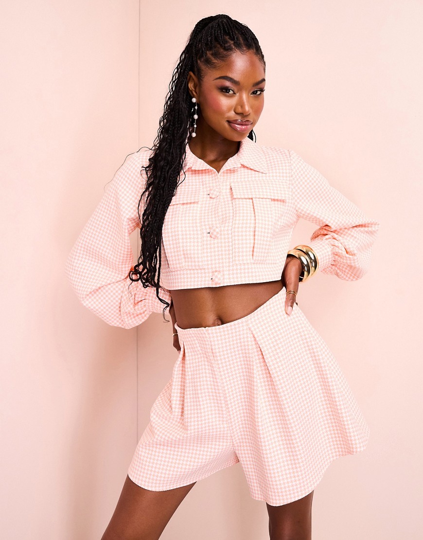 ASOS LUXE co-ord cropped blouson sleeve shirt in pink & white houndstooth