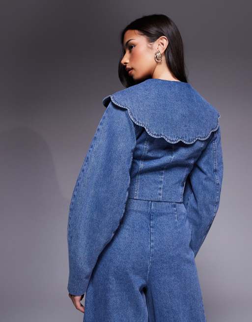 ASOS LUXE co-ord denim cropped blazer with oversized collar in mid blue, 3 of 4
