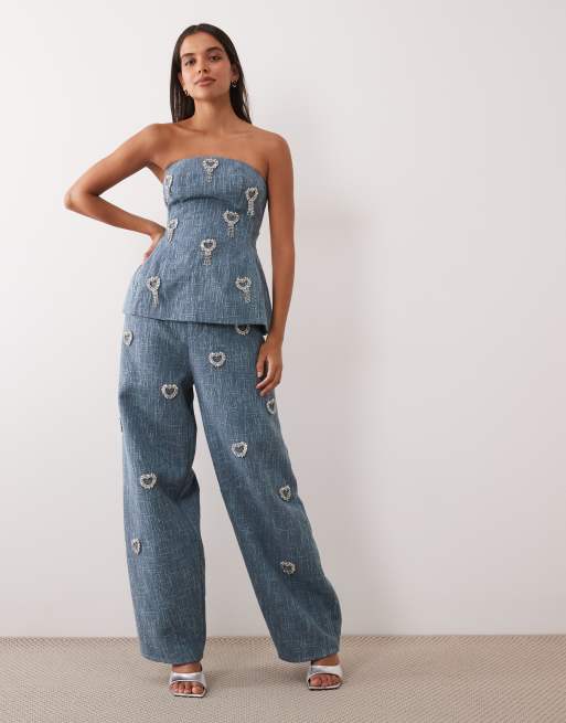 ASOS LUXE heart embellished boucle corset bandeau top and barrel ...