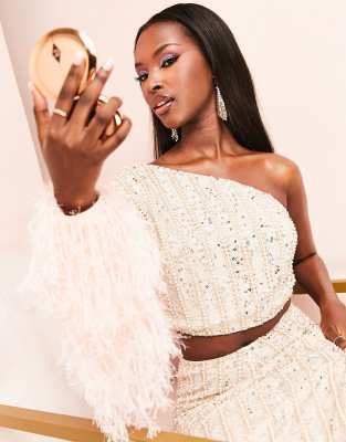 ASOS LUXE ASOS LUXE co-ord embellished one shoulder crop top with faux feather in blush-Neutral