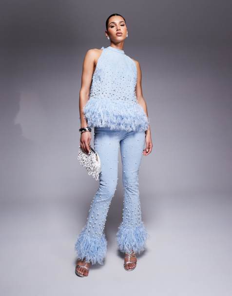 ASOS LUXE co-ord embellished pearl denim jean with faux feather hem in blue - view 1