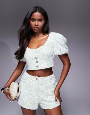 Asos Luxe Co-ord Embellished Texture Puff Sleeve Top In Green