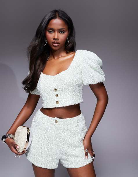 ASOS LUXE co-ord embellished texture puff sleeve top in mint