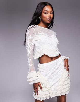 ASOS LUXE ASOS LUXE co-ord embroidered long sleeve top with ruffle detail in cream-White