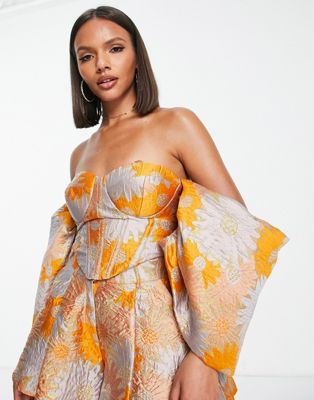 ASOS LUXE co-ord extreme bardot sleeve corset top in orange floral jacquard