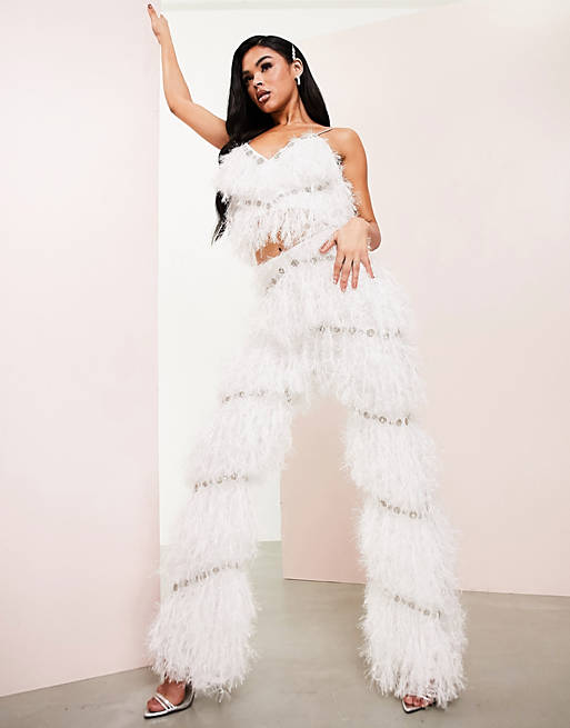 Women co-ord faux feather trousers with embellishment in white 