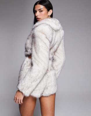 Asos Luxe Co-ord Faux Fur Cropped Jacket In Neutral