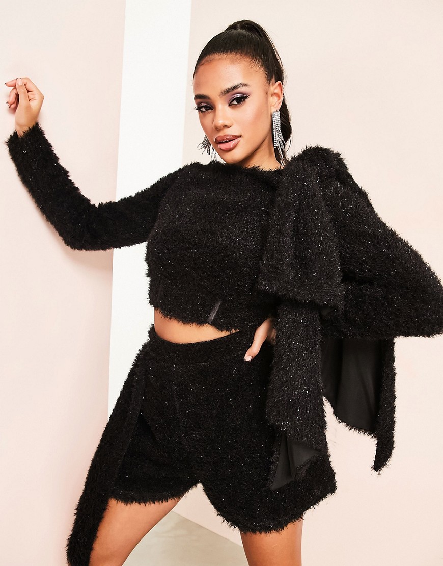 ASOS LUXE co-ord faux fur fluffy long sleeve top in black