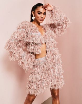 ASOS LUXE co-ord feather look jacket with embellished detail in pink