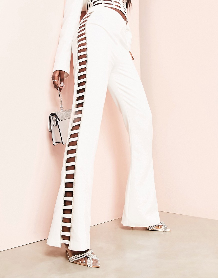 ASOS LUXE co-ord flare suit trousers with diamante cut out detail in white
