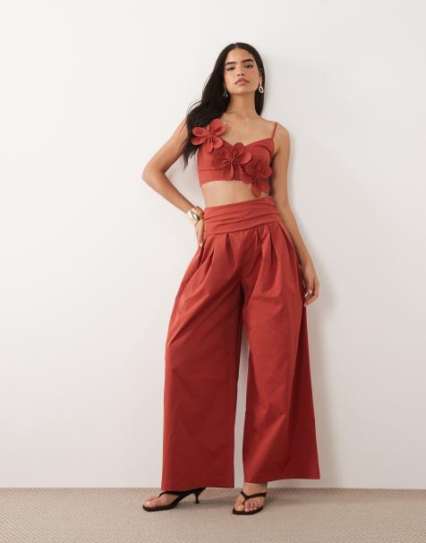 ASOS LUXE co-ord floral crop top and waistband high waisted trouser in rust - view 1