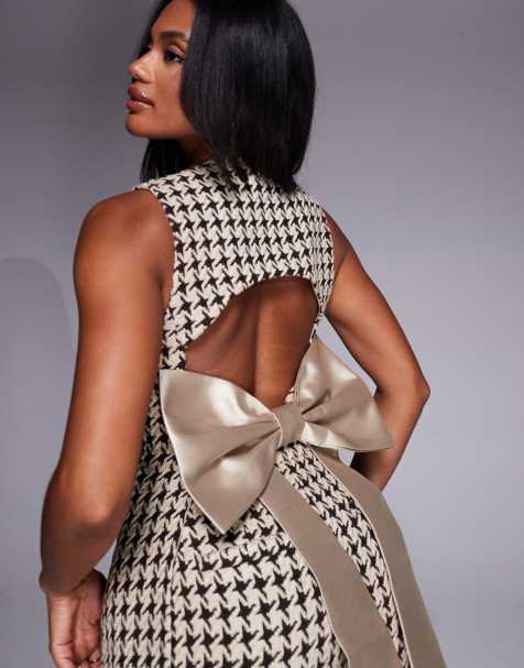 ASOS LUXE co-ord houndstooth boucle waistcoat with embellished buttons and bow back in chocolate - view 1