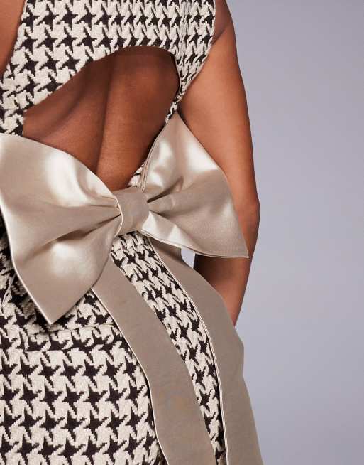 ASOS LUXE co-ord houndstooth boucle waistcoat with embellished buttons and bow back in chocolate, 3 of 4